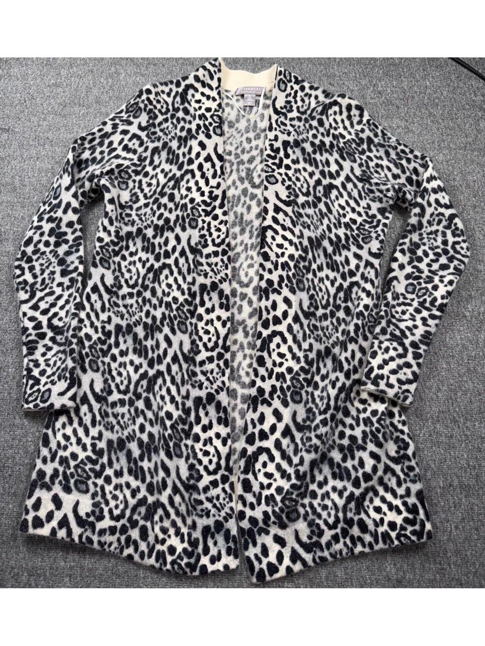 Cashmere Charter Club Cardigan Sweater Women M Gray Leopard Print Open Front